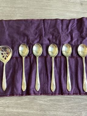 Vtg silver-plated Tea Spoons Set Cloth Roll Sheffield England 7 Ps Set Rustless